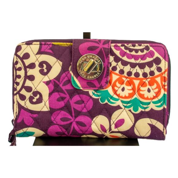 VERA BRADLEY Plumb Crazy Pattern Quilted Turn Lock Wallet Purple Clutch - Picture 1 of 9